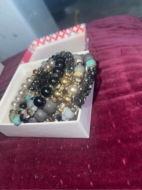 Layered Beaded Stretch Bracelet Set - Black, Gold & Turquoise Accents